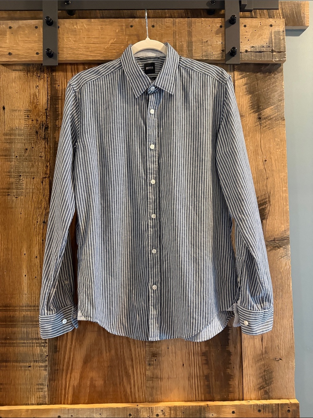 Hugo Boss Blue and White Striped Long-Sleeve Button-Down Shirt